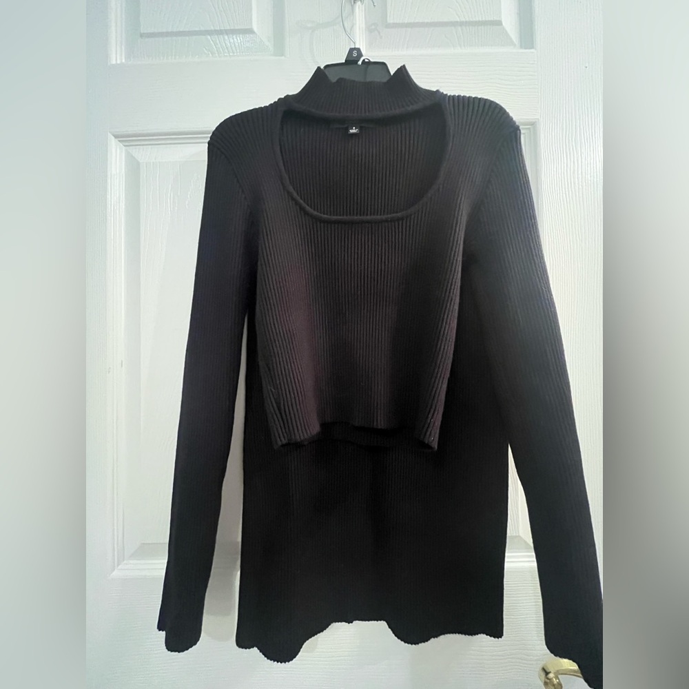 NWOT Lulus Black Ribbed Two-Layer Look Cut Out Front Sweater Top and Skirt SET